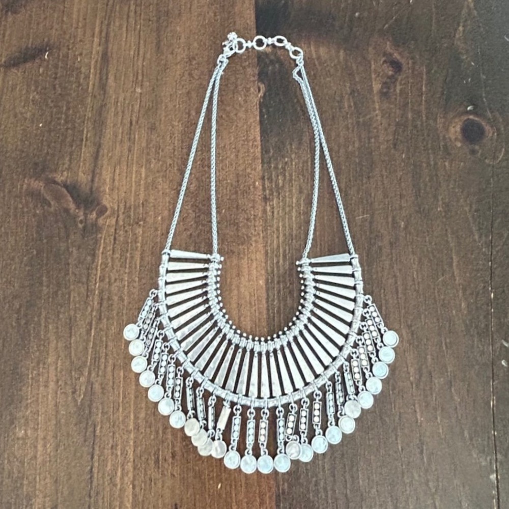 Lucky Brand Bib Necklace Egyptian Collar Silver Tone Mother Of Pearl Fringe